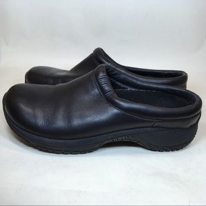 Women's Merrell slip on mules clogs black leather